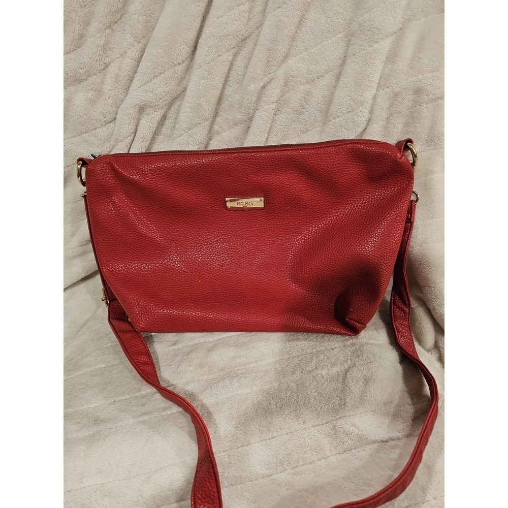 BCBG Paris Red Gold Purse Pebbled Leather Adjustable Shoulder‎ Satchel Bag